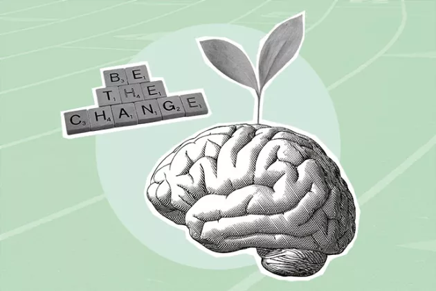 Illustrativ bild med hjärna, lego och groende planta.