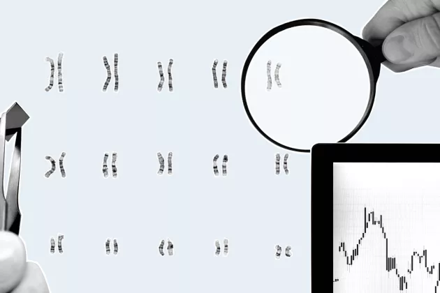 Illustration av kromosomer och ett förstoringsglas.
