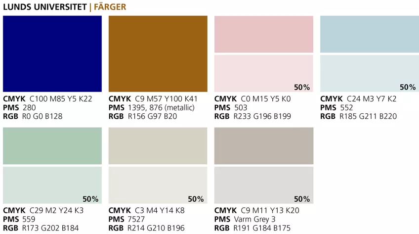 Översikt Lunds universitets profilfärger i 100 procent och 50 procent.