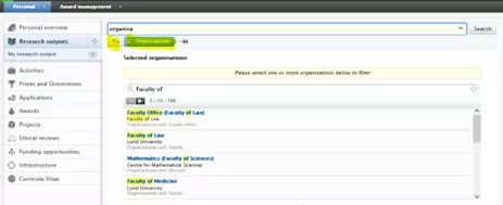 Hur det ser ut i LUCRIS när du lägger till filtret Organisation (bild)