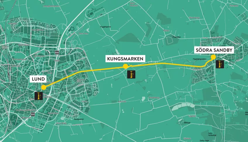 Kartbild som visar cykelvägen mellan Lund och S Sandby.